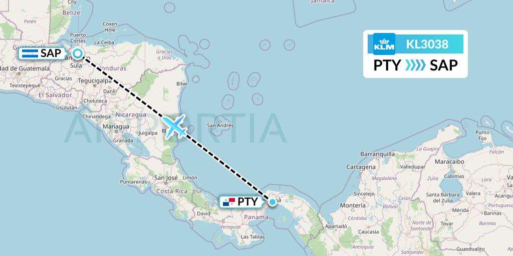 KL3038 KLM Flight Map: Panama City to San Pedro Sula