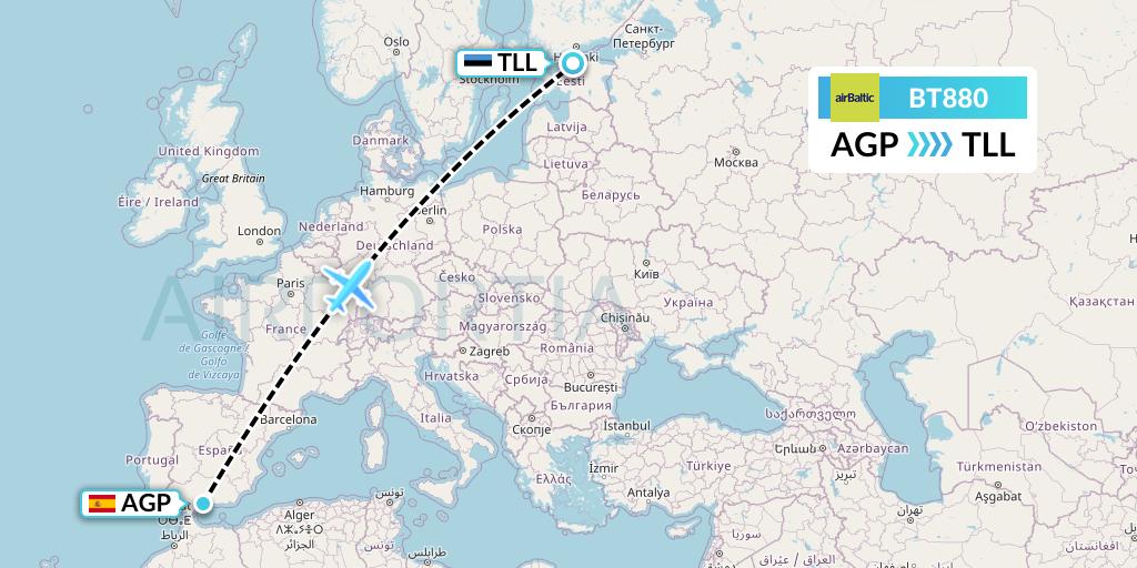 BT880 Air Baltic Flight Map: Malaga to Tallinn