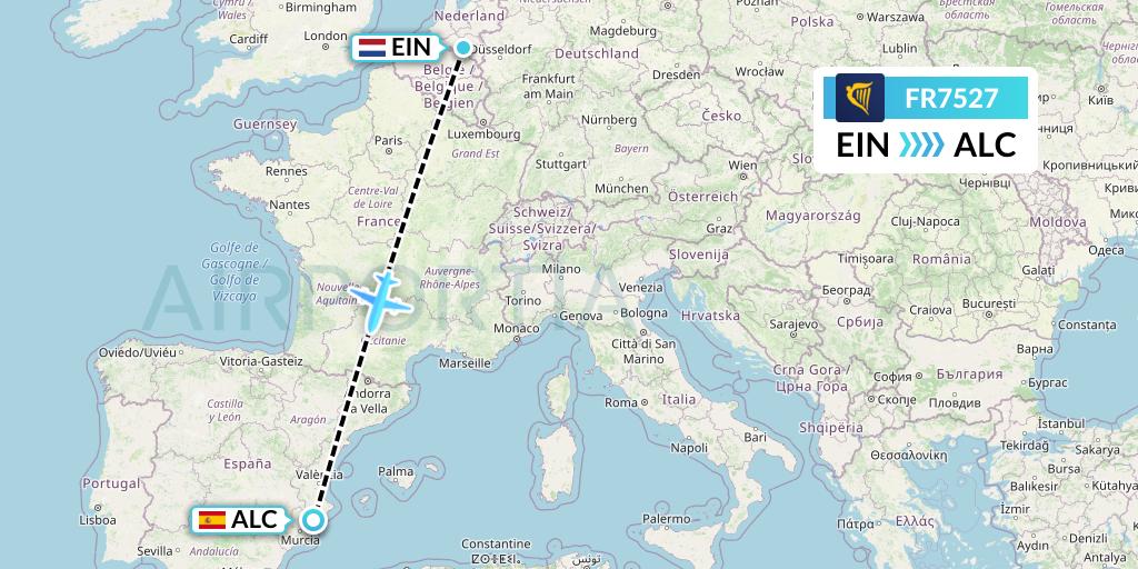 FR7527 Ryanair Flight Map: Eindhoven to Alicante
