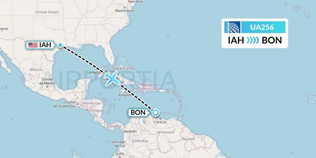 UA256 United Airlines Flight Map: Houston to Bonaire