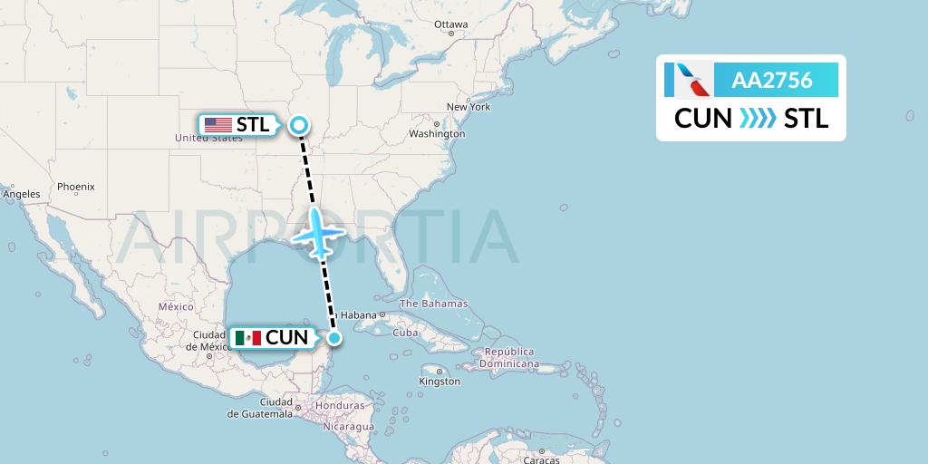 AA2756 American Airlines Flight Map: Cancun to St. Louis