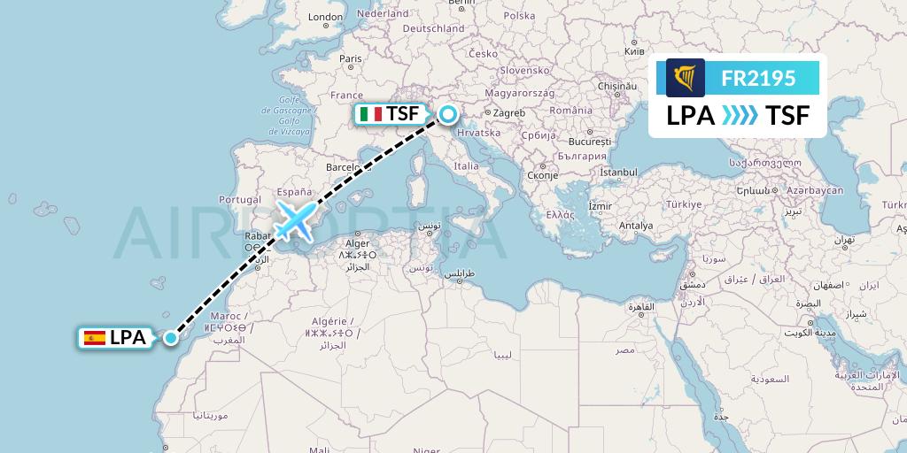 FR2195 Ryanair Flight Map: Las Palmas to Treviso