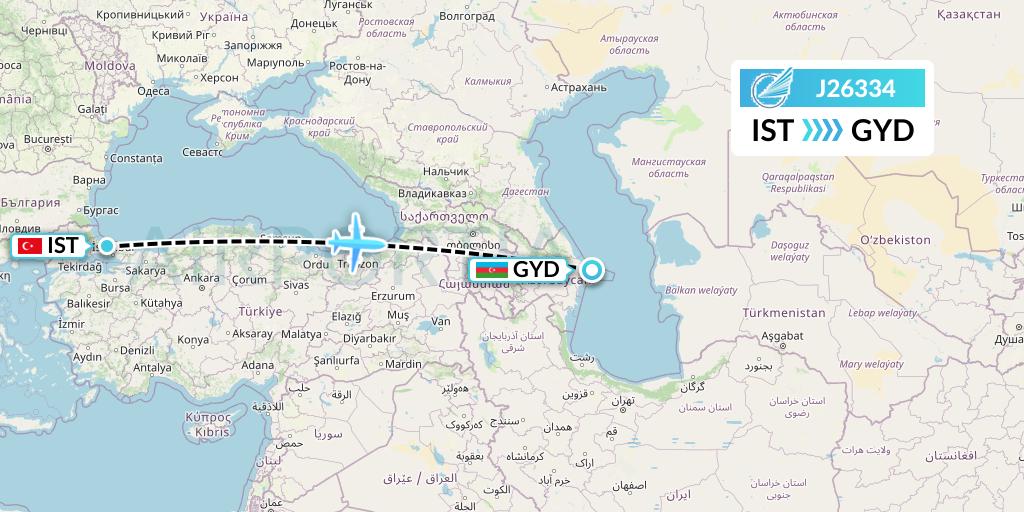 J26334 Azerbaijan Airlines Flight Map: Istanbul to Baku