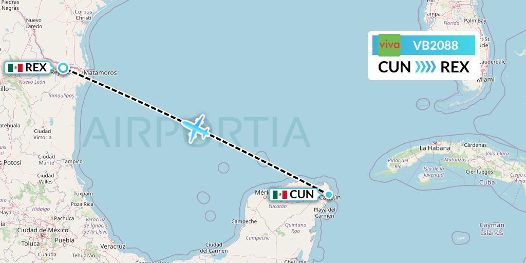 VB2088 VivaAerobus Flight Map: Cancun to Reynosa