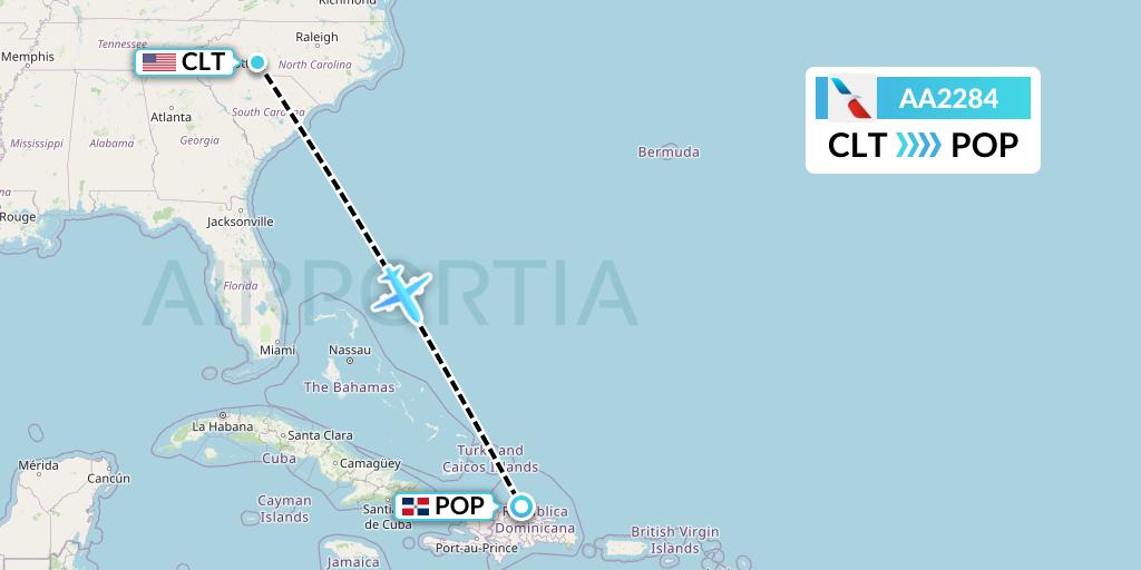 AA2284 American Airlines Flight Map: Charlotte to Puerto Plata
