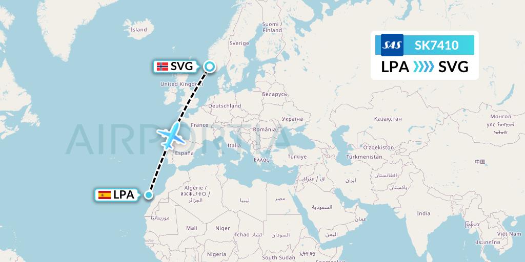 SK7410 SAS Flight Map: Las Palmas to Stavanger