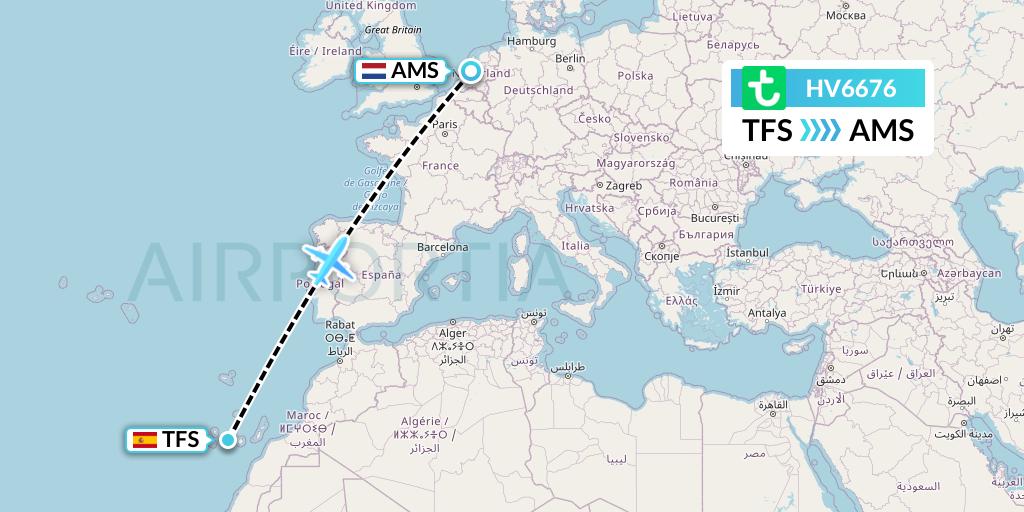 HV6676 Transavia Flight Map: Tenerife to Amsterdam