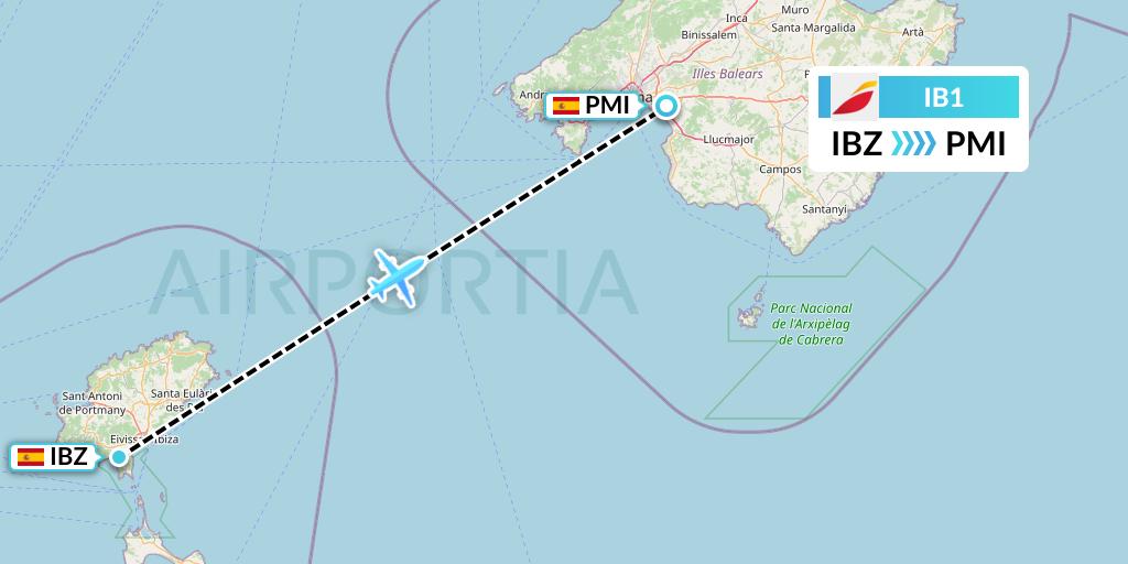 IB1 Iberia Flight Map: Ibiza to Palma de Mallorca