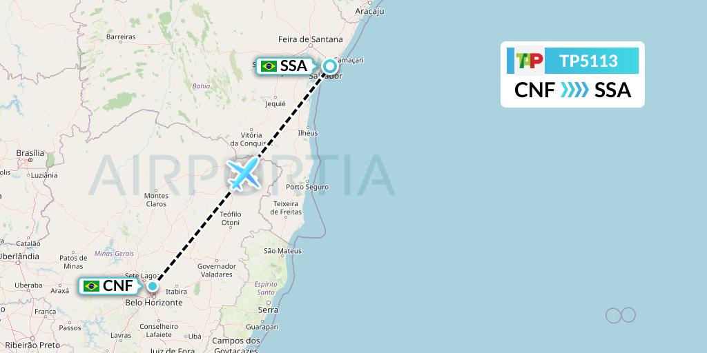 TP5113 TAP Portugal Flight Map: Belo Horizonte to Salvador