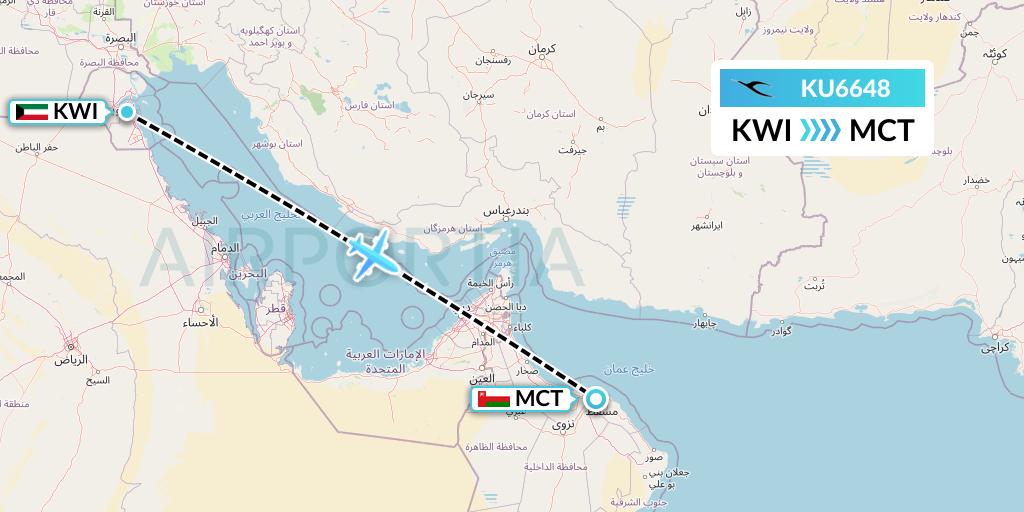 KU6648 Kuwait Airways Flight Map: Kuwait City to Muscat