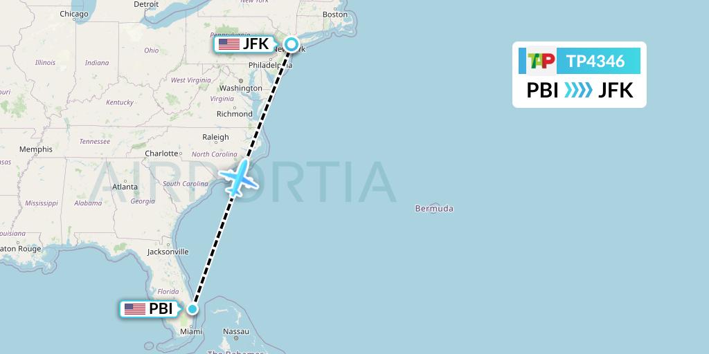 TP4346 TAP Portugal Flight Map: West Palm Beach to New York