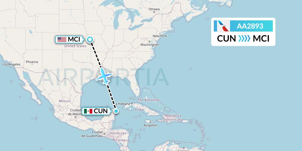 AA2893 American Airlines Flight Map: Cancun to Kansas City