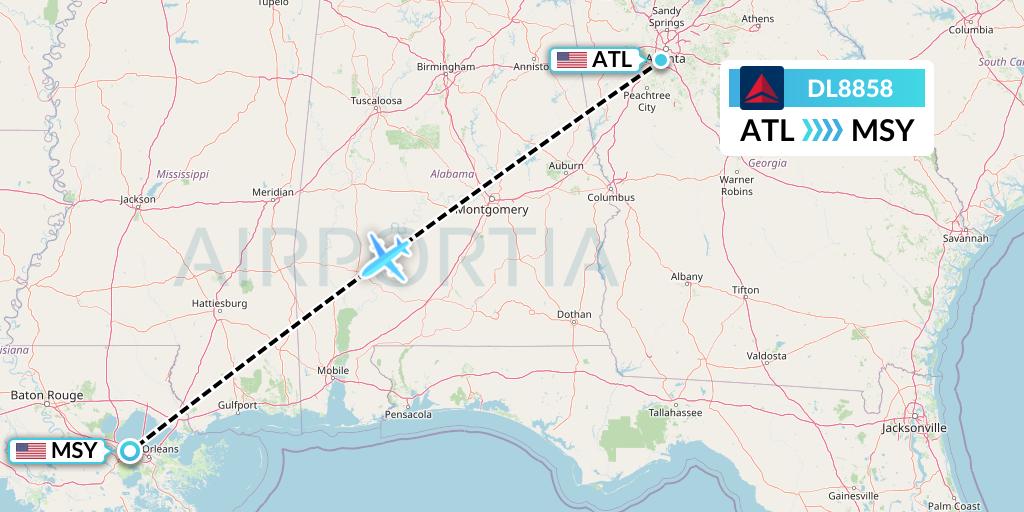 DL8858 Delta Air Lines Flight Map: Atlanta to New Orleans