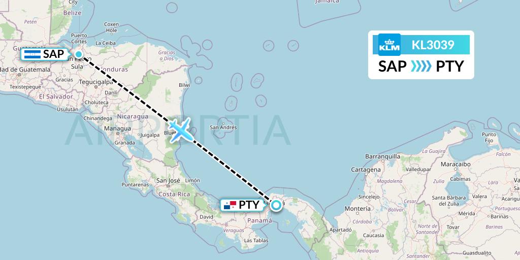 KL3039 KLM Flight Map: San Pedro Sula to Panama City