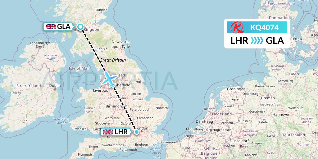KQ4074 Kenya Airways Flight Map: London to Glasgow