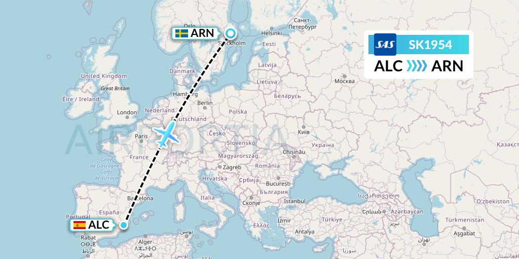 SK1954 SAS Flight Map: Alicante to Stockholm