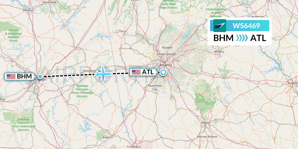 WS6469 WestJet Flight Map: Birmingham to Atlanta