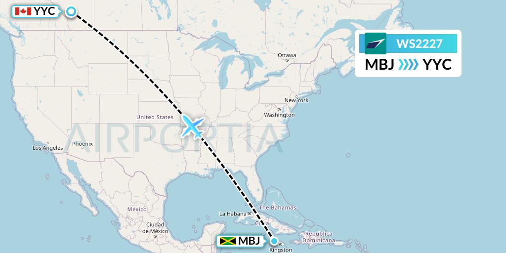 WS2227 WestJet Flight Map: Montego Bay to Calgary