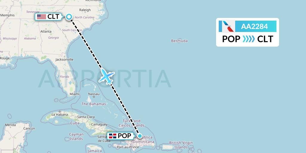 AA2284 American Airlines Flight Map: Puerto Plata to Charlotte