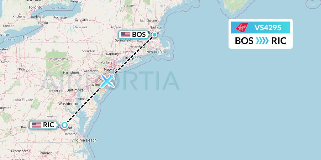 VS4295 Virgin Atlantic Airways Flight Map: Boston to Richmond