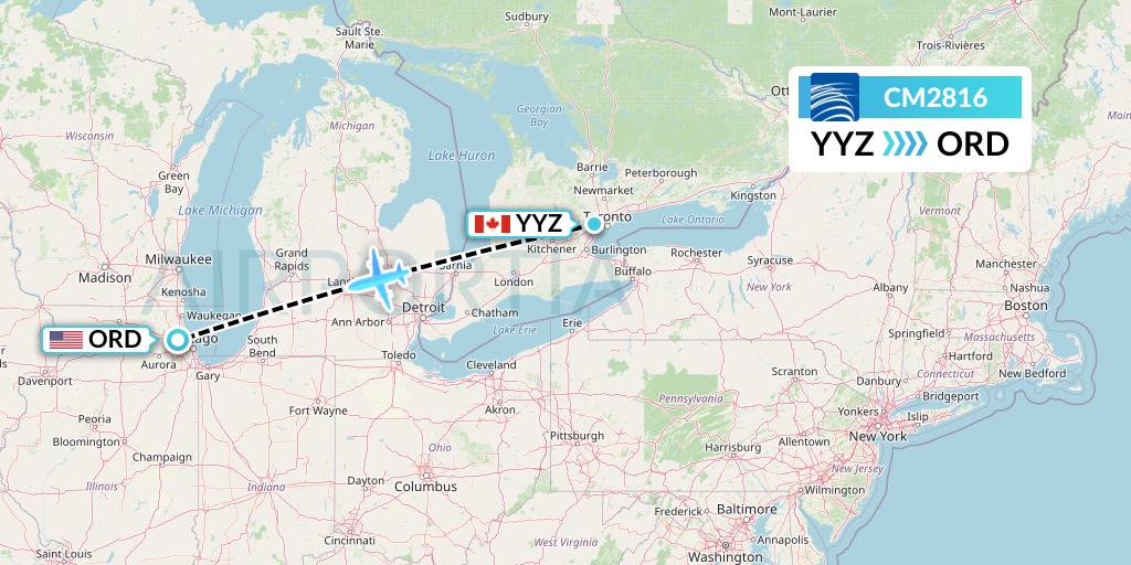 CM2816 Copa Airlines Flight Map: Toronto to Chicago