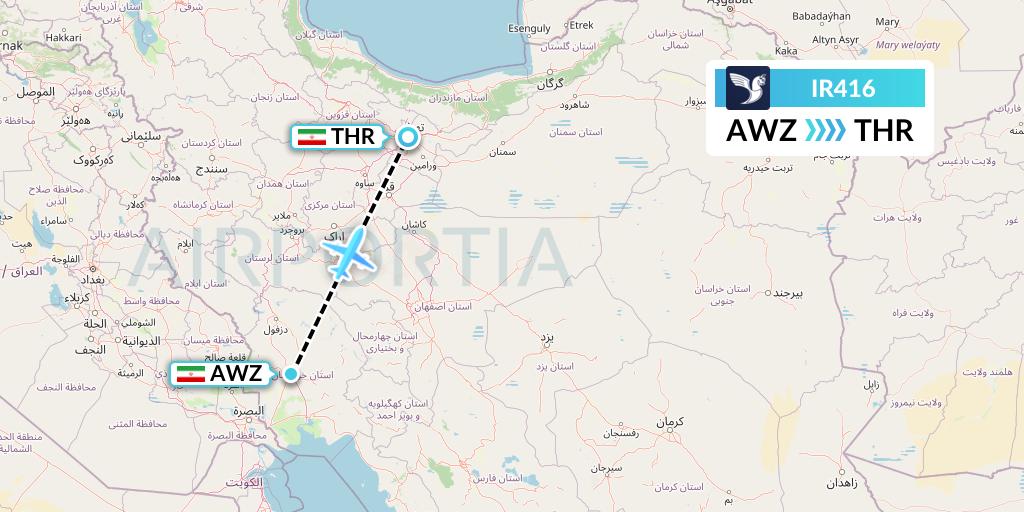 IR416 Iran Air Flight Map: Ahvaz to Tehran