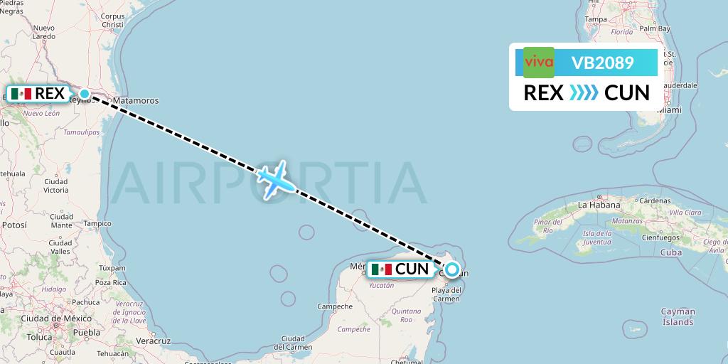 VB2089 VivaAerobus Flight Map: Reynosa to Cancun