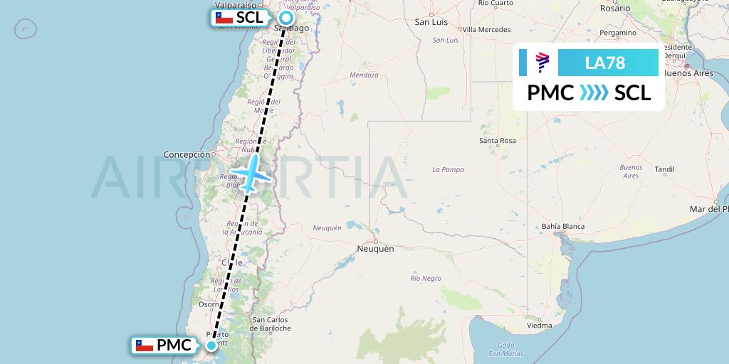 LA78 LAN Airlines Flight Map: Puerto Montt to Santiago