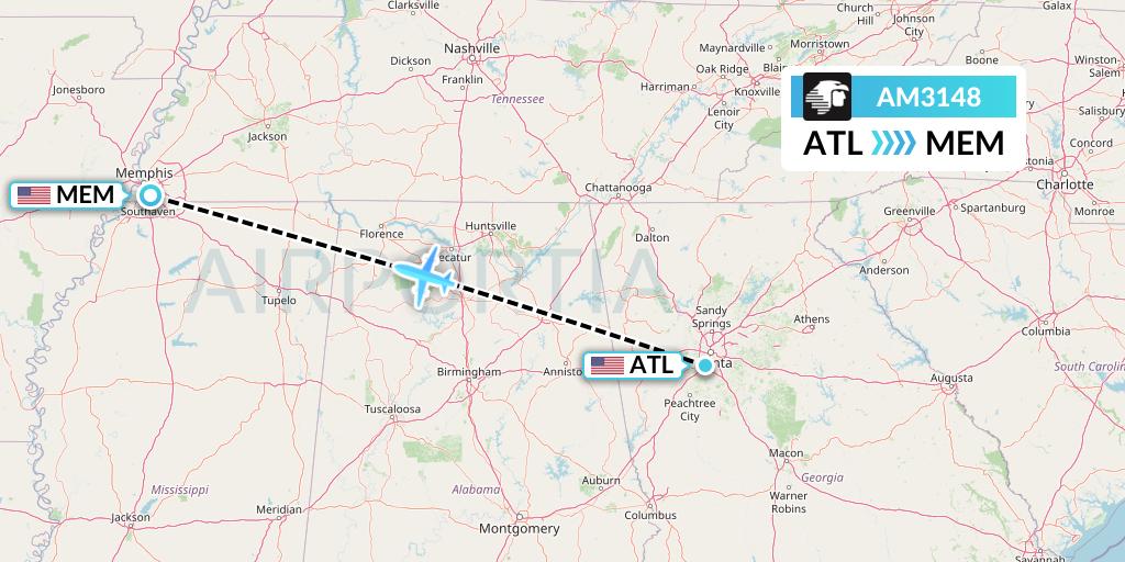 AM3148 Aeromexico Flight Map: Atlanta to Memphis