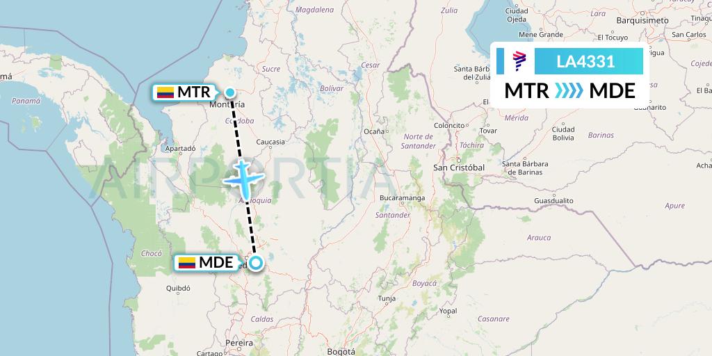 LA4331 LAN Airlines Flight Map: Monteria to Medellin