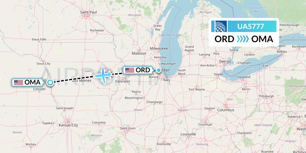 UA5777 United Airlines Flight Map: Chicago to Omaha