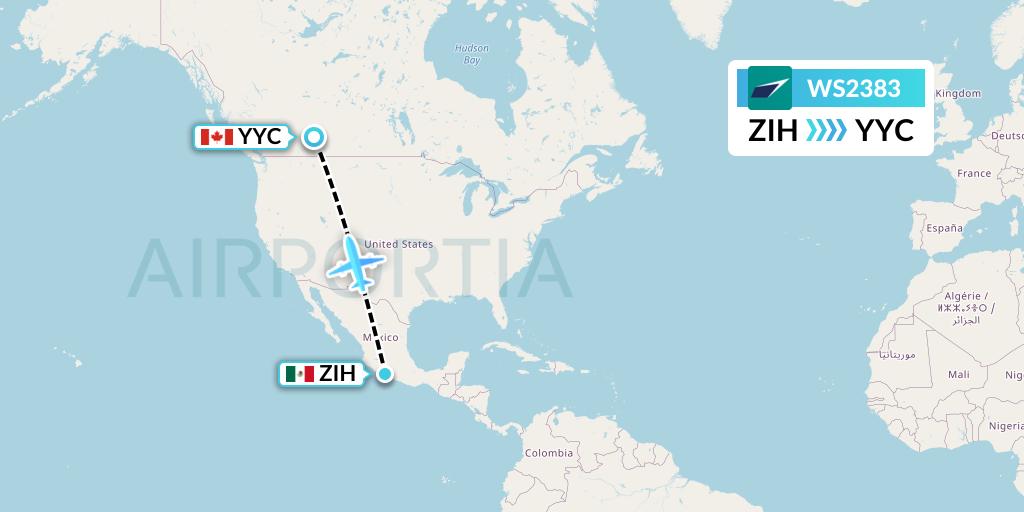 WS2383 WestJet Flight Map: Zihuatanejo to Calgary