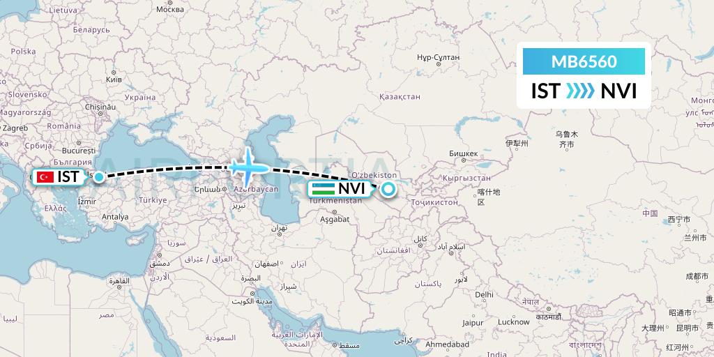 MB6560 MNG Airlines Flight Map: Istanbul to Navoiy