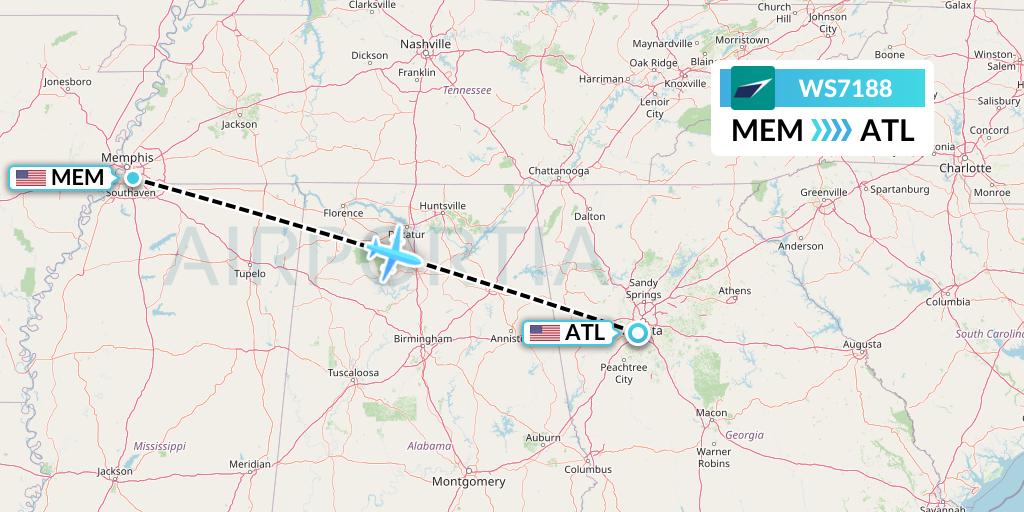 WS7188 WestJet Flight Map: Memphis to Atlanta