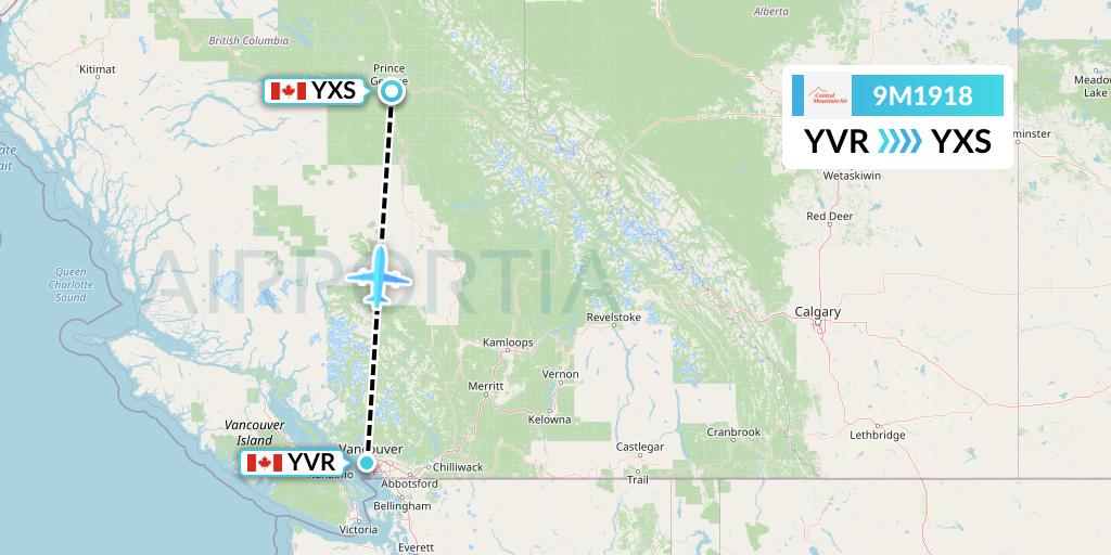 9M1918 Central Mountain Air Flight Map: Vancouver to Prince George