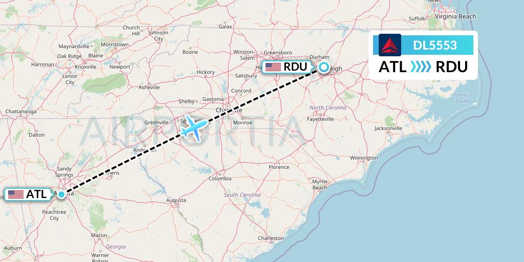 DL5553 Delta Air Lines Flight Map: Atlanta to Raleigh-Durham