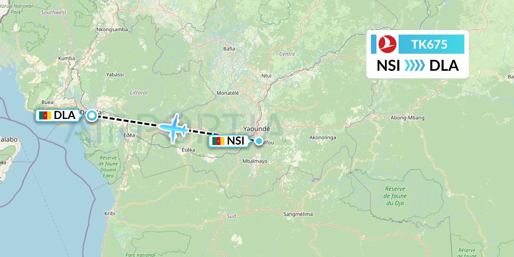 TK675 Turkish Airlines Flight Map: Yaounde to Douala