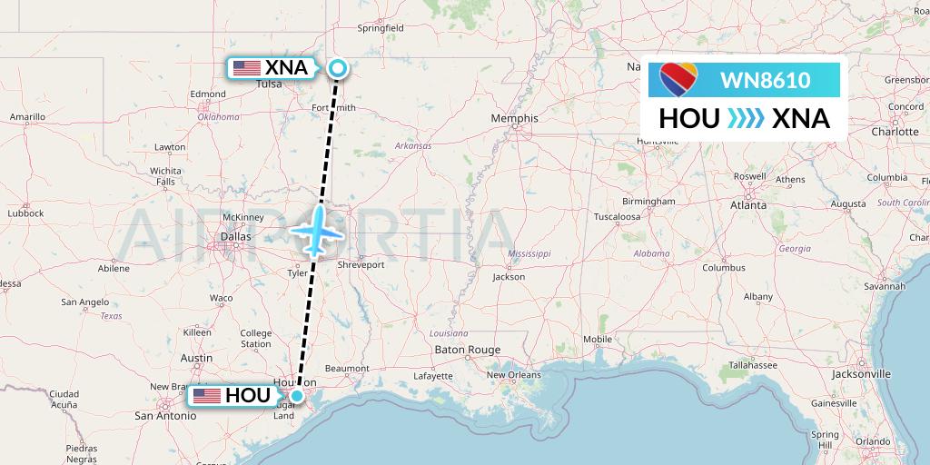 WN8610 Southwest Airlines Flight Map: Houston to Bentonville