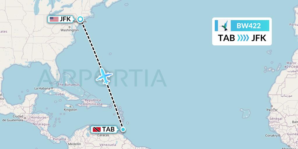 BW422 Caribbean Airlines Flight Map: Scarborough to New York