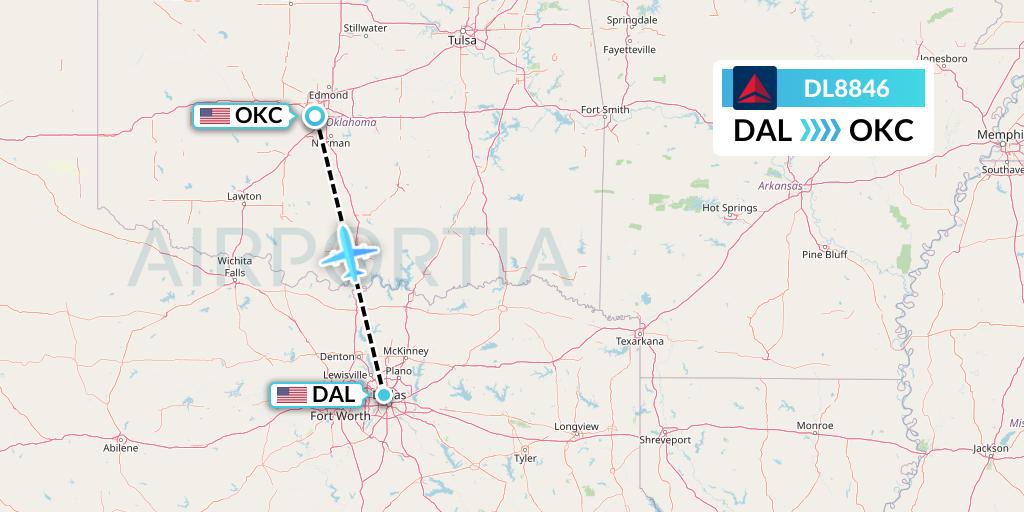 DL8846 Delta Air Lines Flight Map: Dallas to Oklahoma City