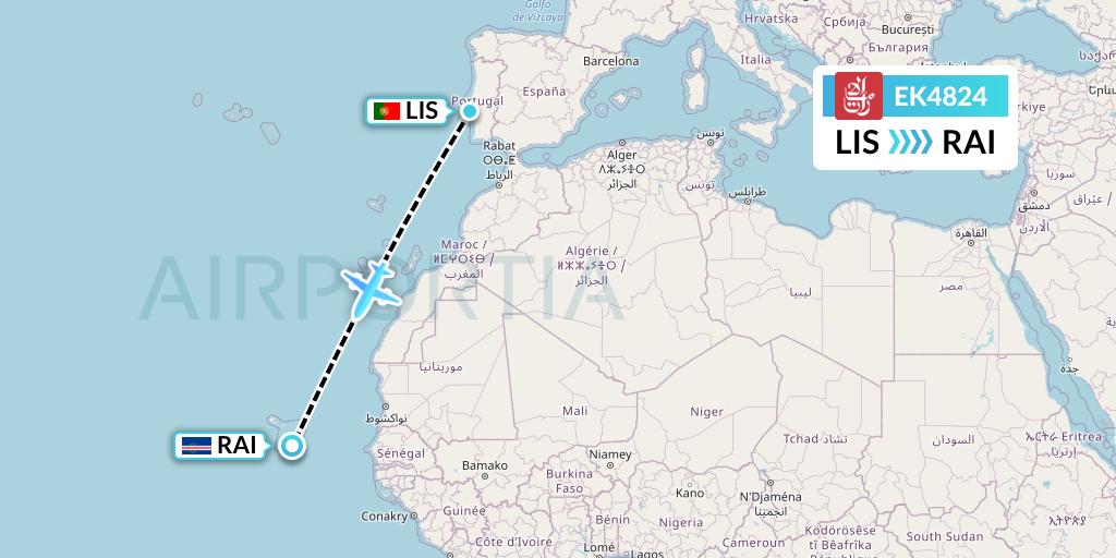 EK4824 Emirates Flight Map: Lisbon to Praia