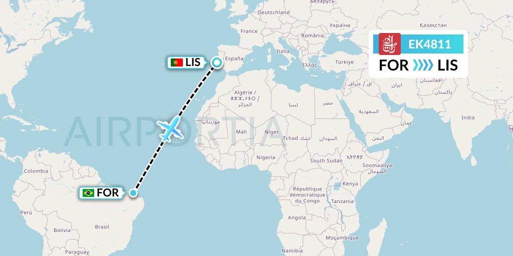 EK4811 Emirates Flight Map: Fortaleza to Lisbon