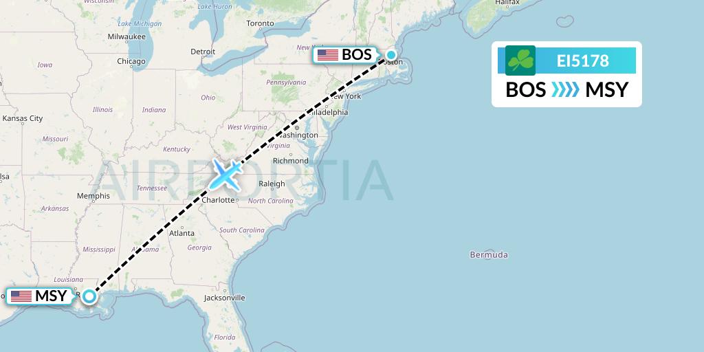 EI5178 Aer Lingus Flight Map: Boston to New Orleans