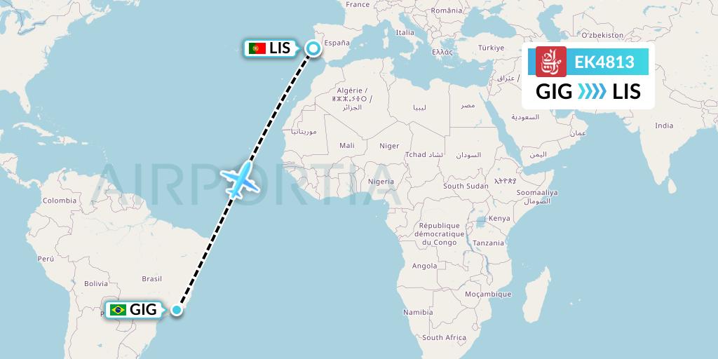 EK4813 Emirates Flight Map: Rio de Janeiro to Lisbon