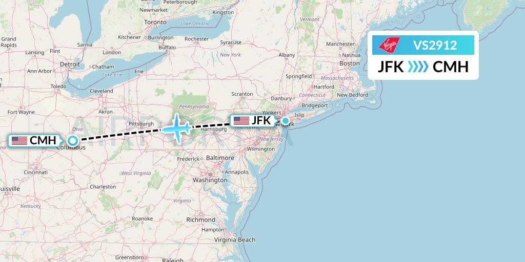 VS2912 Virgin Atlantic Airways Flight Map: New York to Columbus