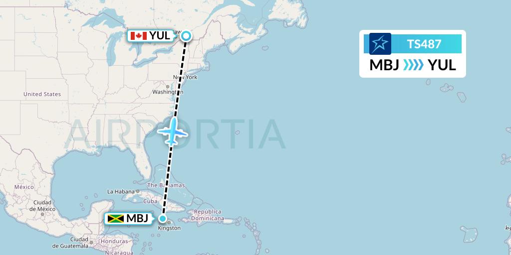 TS487 Air Transat Flight Map: Montego Bay to Montreal