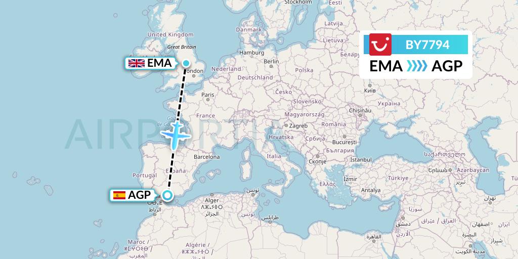 BY7794 TUI Airways Flight Map: East Midlands to Malaga