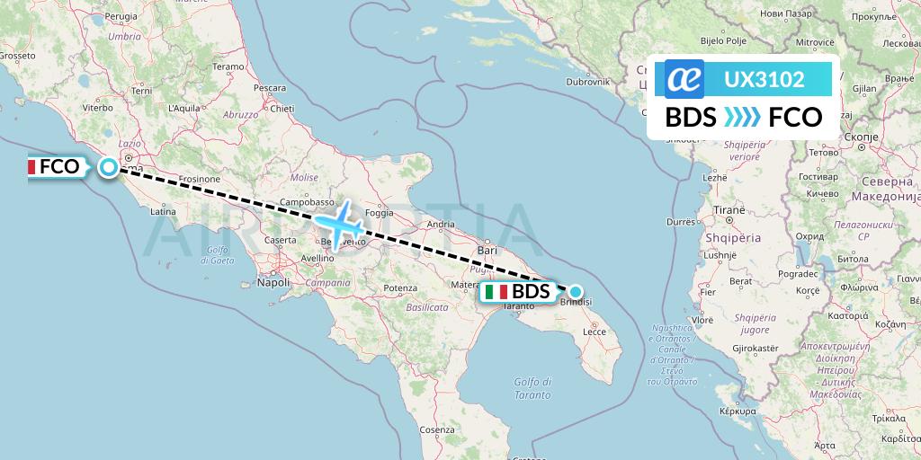 UX3102 Air Europa Flight Map: Brindisi to Rome