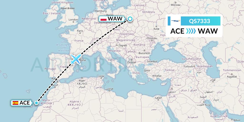 QS7333 Smartwings Flight Map: Lanzarote to Warsaw