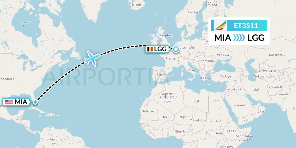 ET3511 Ethiopian Airlines Flight Map: Miami to Liege